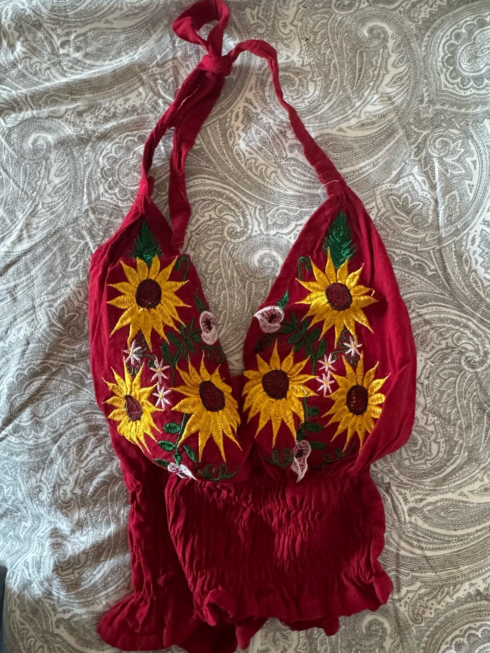 Red Sunflower Embroidered Halter Top